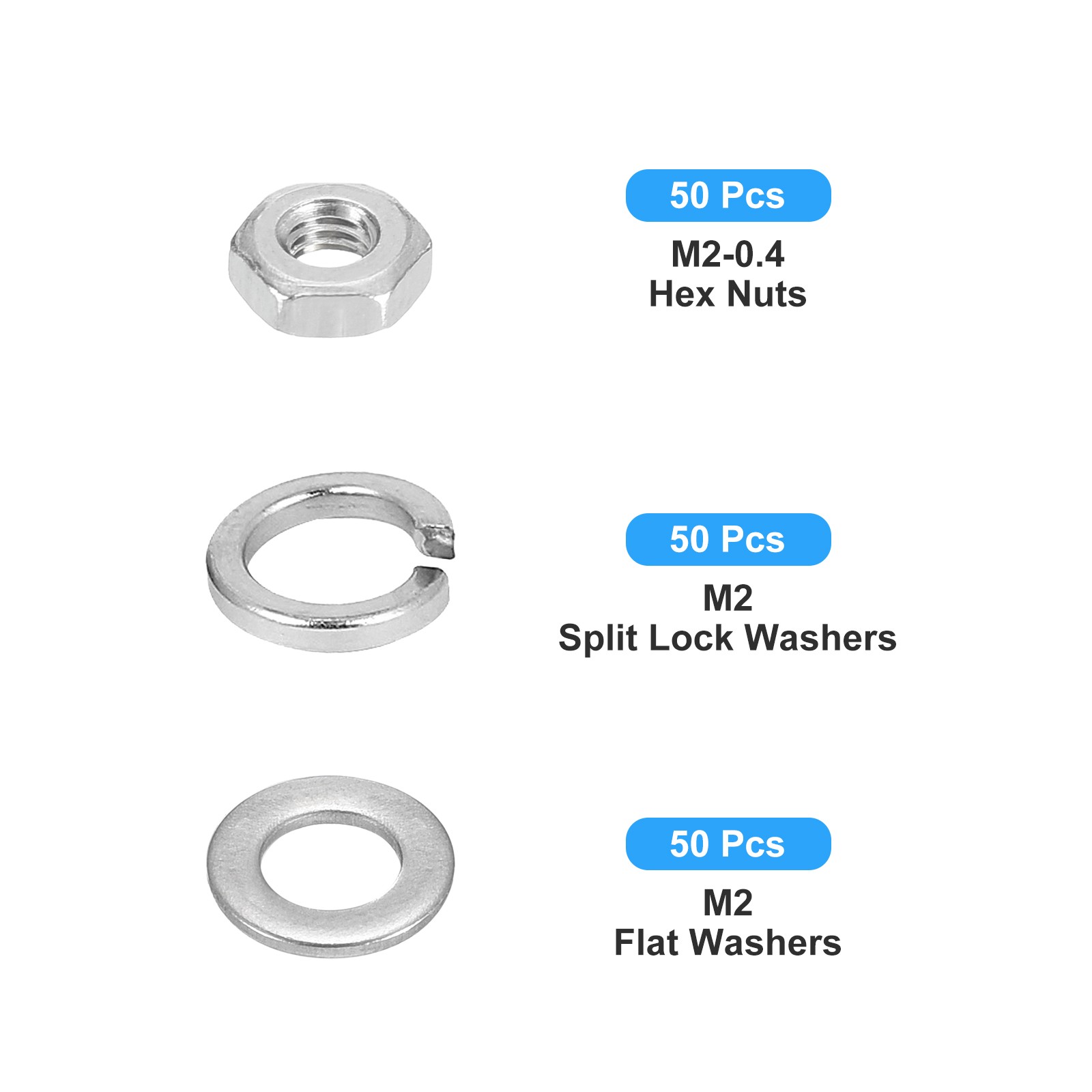 Hex Nuts Assortment Kit (M2-0.4 Hex Nuts with M2 Flat Washers) 150Pcs Kit
