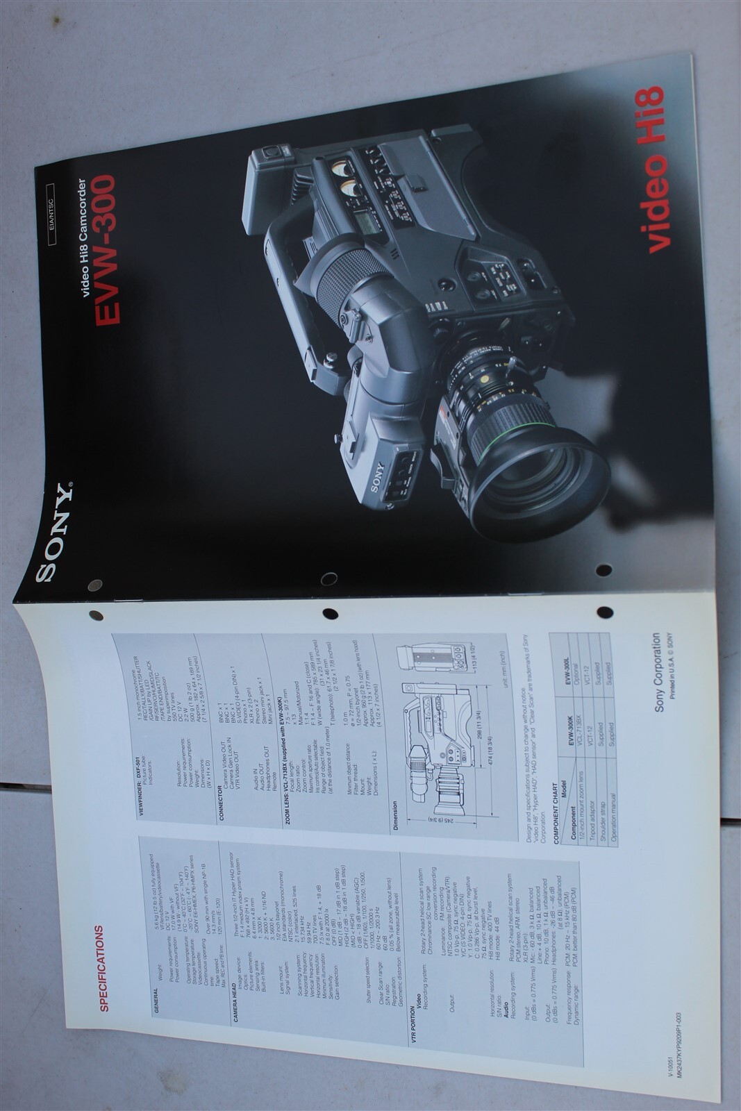 SONY EVO / EVW CAMCORDERS/ PLAYERS 8 BROCHURE PACK - SPECIFICATION SHEET 1994