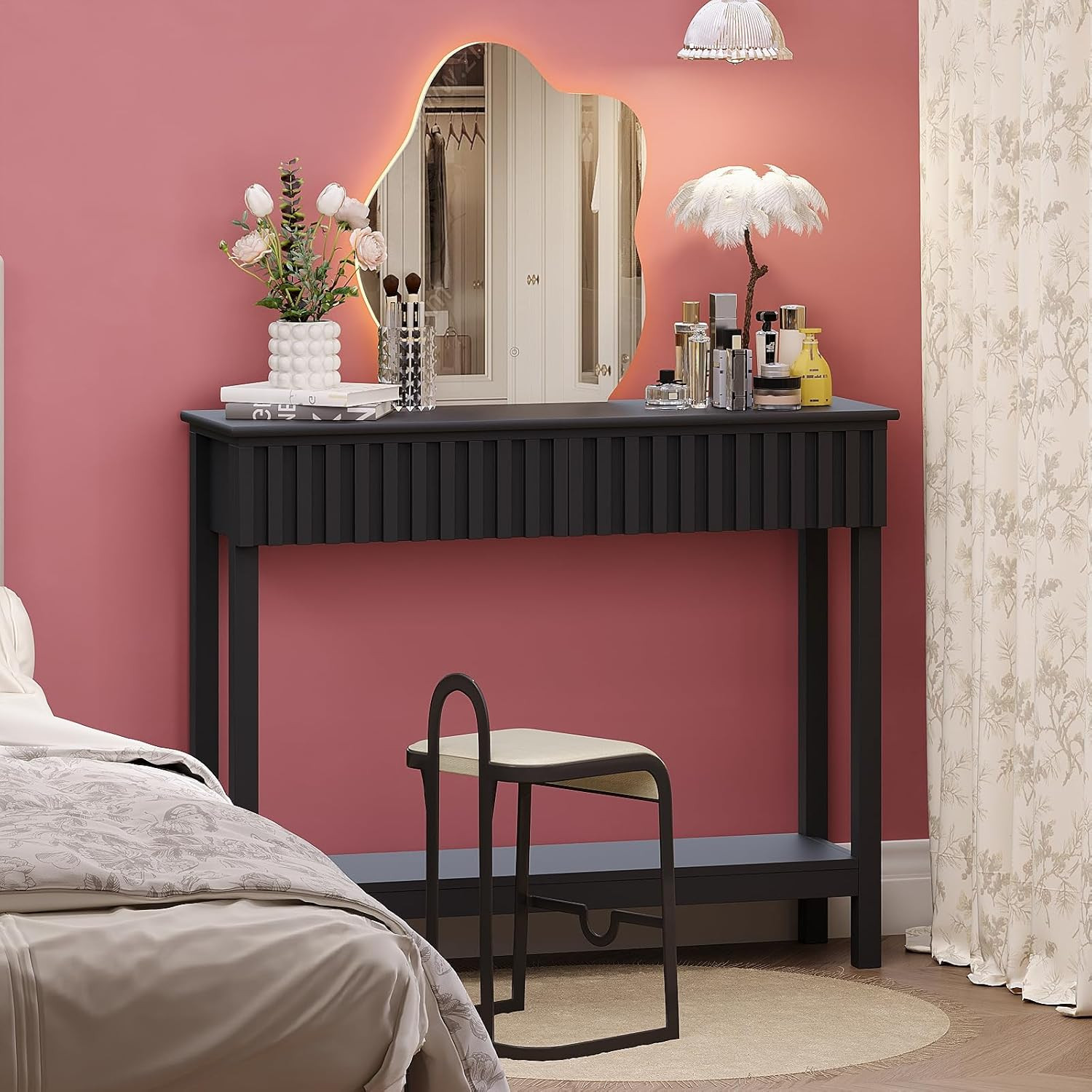 Fluted Console Table with 2 Drawers Narrow Sofa Table with Open Storage Shelf Mo