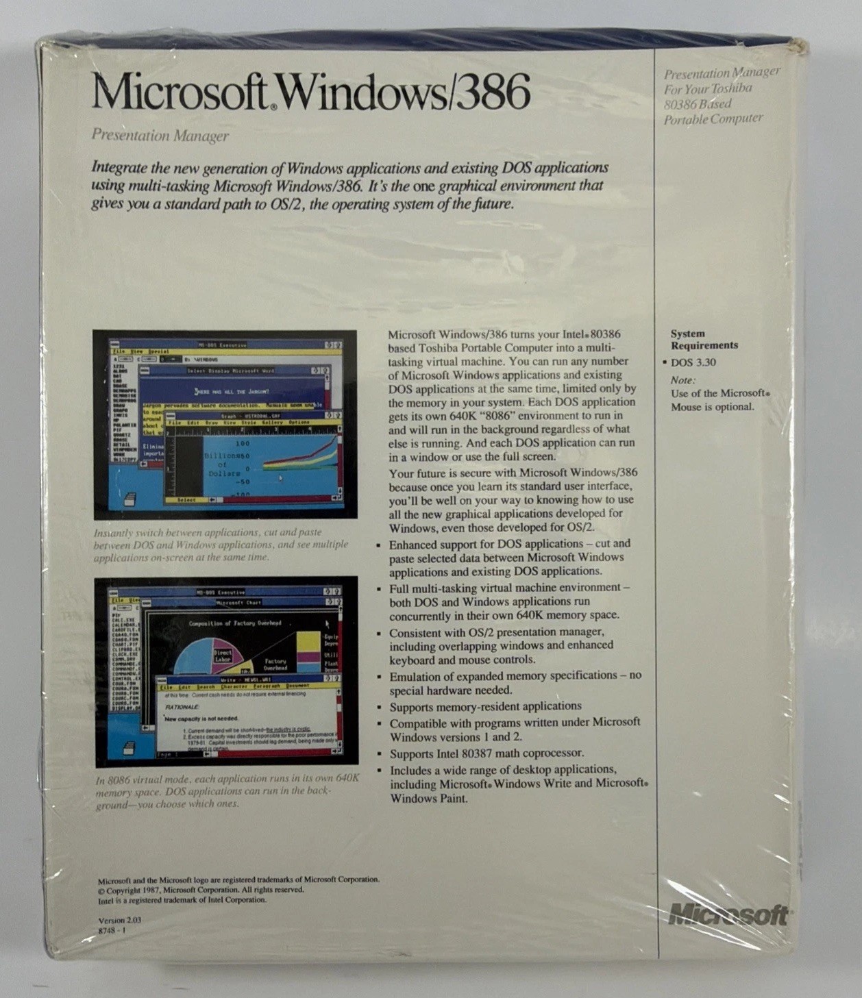 Windows 386 Presentation Manager for Toshiba T5100 w/ 80386 Processor - New