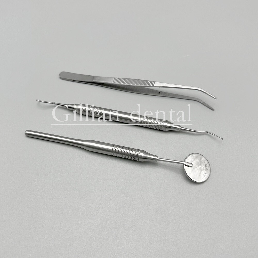 3pcs Dental Basic Instruments Set Tweezer Explorer Mirror Plier Stainless Steel