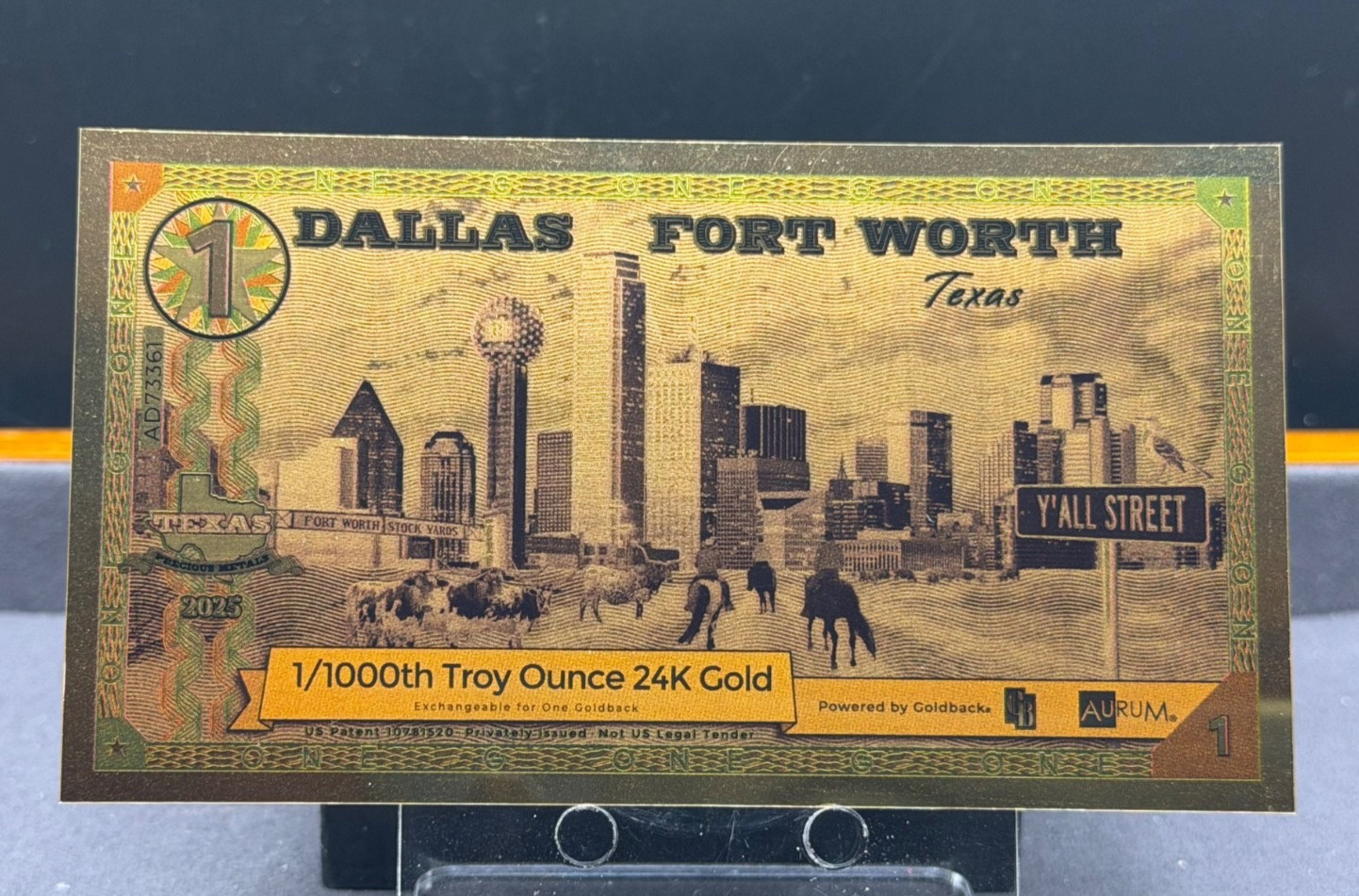 2025 Dallas Fort Worth, TX Texas Goldback Gold Backs Aurum .999 Fine