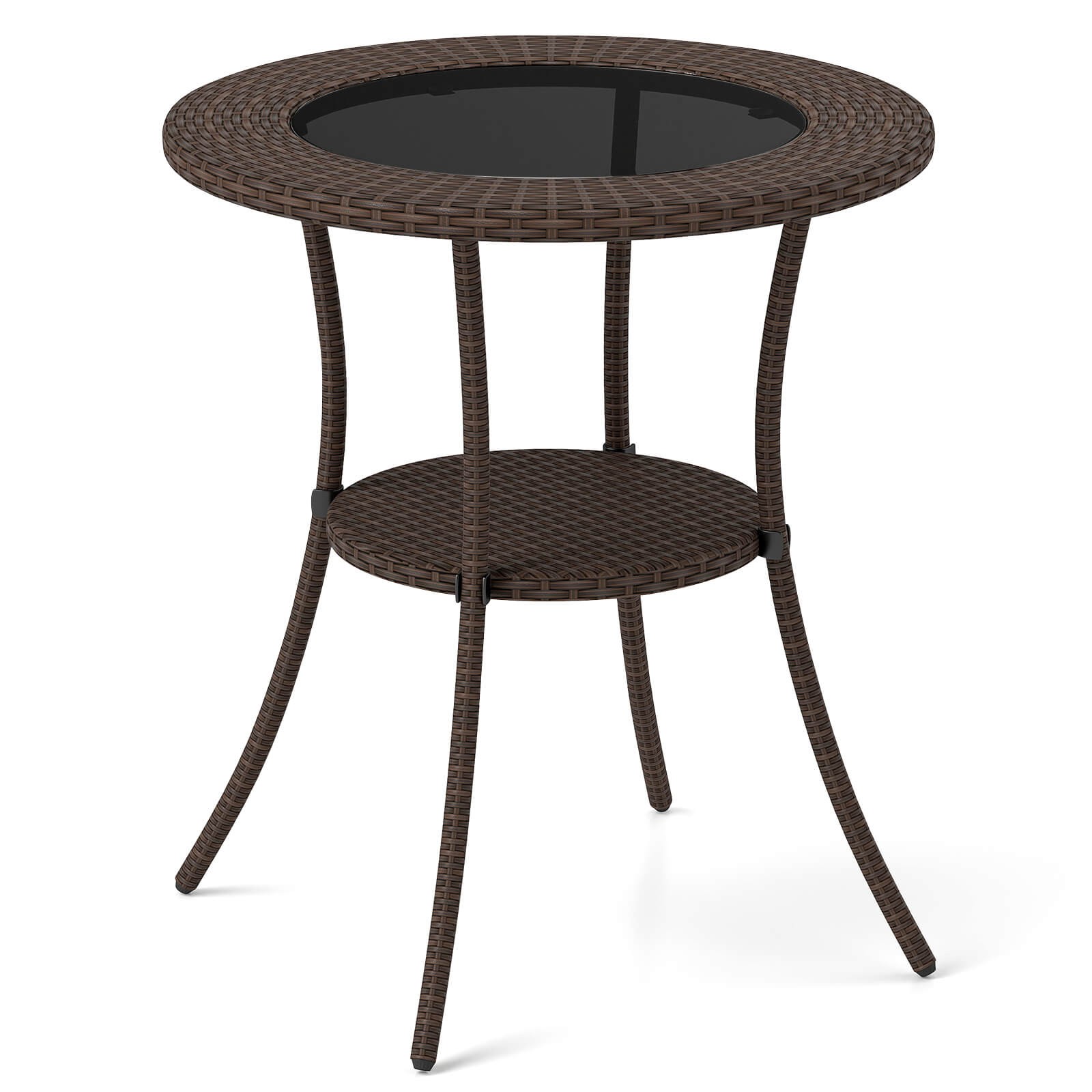 Round Rattan Wicker Coffee Table Glass Top Steel Frame w/Shelf Patio Furniture