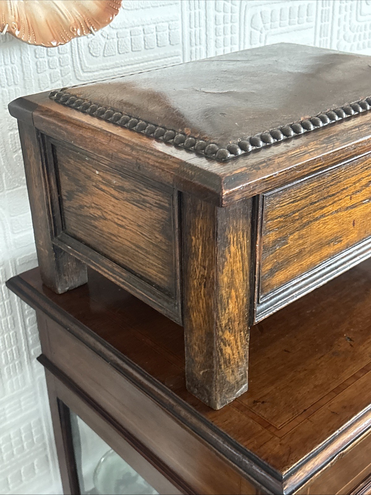 Lovely Antique Oak Storage Footstool With Leather Top