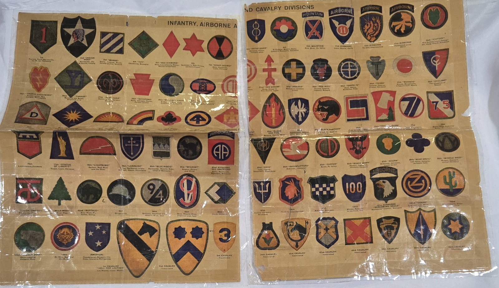 Vintage U.S. Army Division & Insignia Identification Cloth Charts Laminated WWII