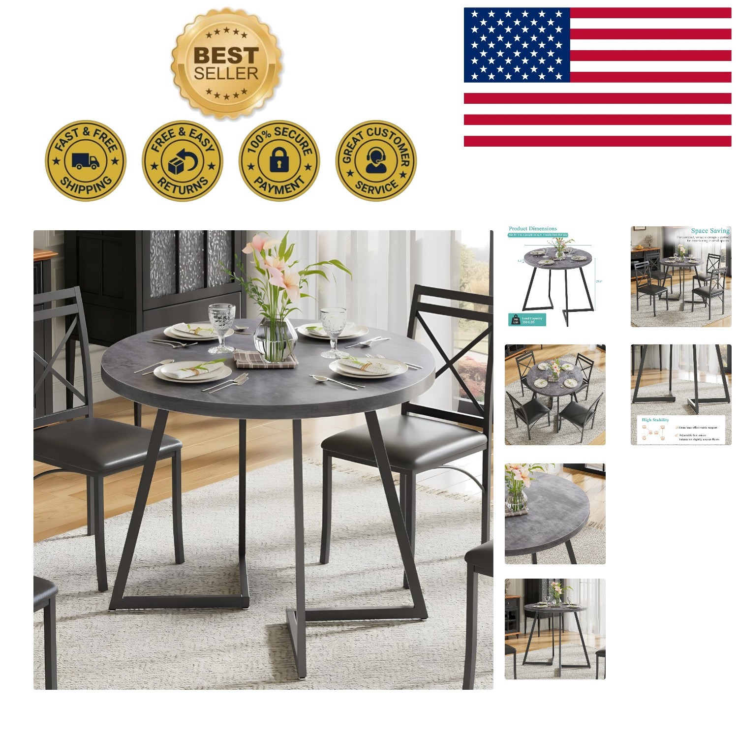 Versatile 35" Round Dining Table for Kitchens & Living Rooms, Easy to Assemble