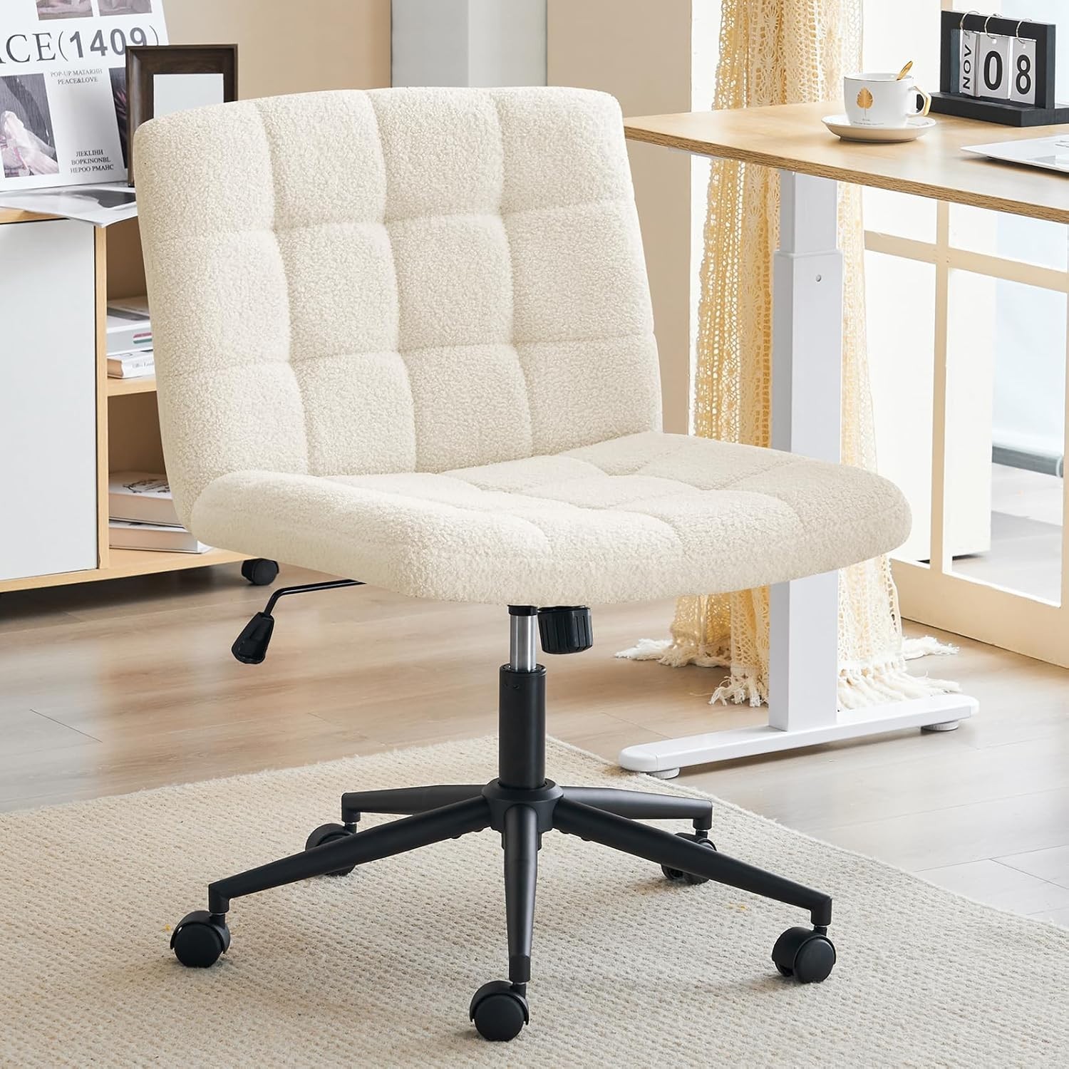 Swivel Criss Cross Legged Chair with Wheels for Home Office, Wide Armless Des...