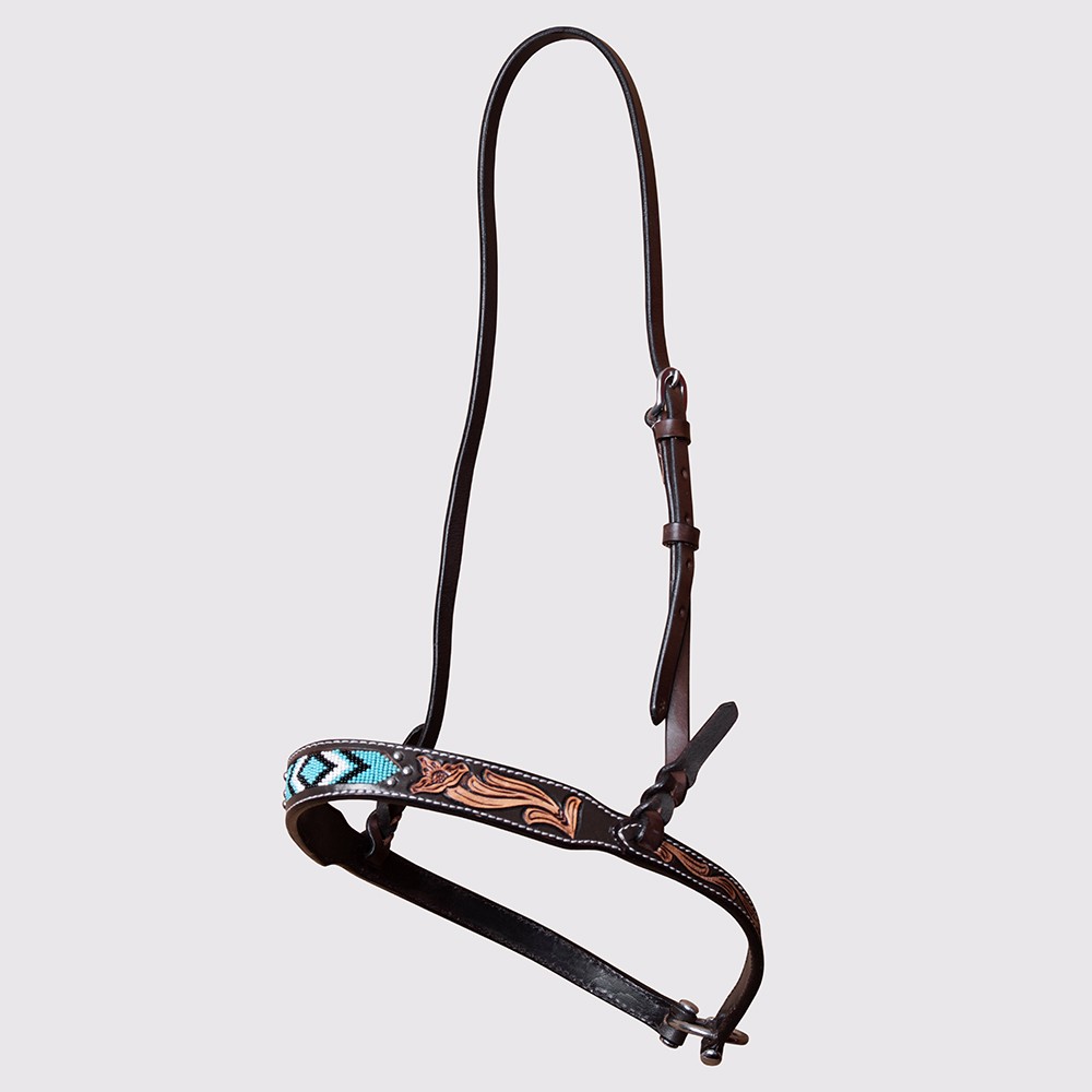 HILASON Horse Floral Hand Carved Beaded Noseband Genuine Leather Brown