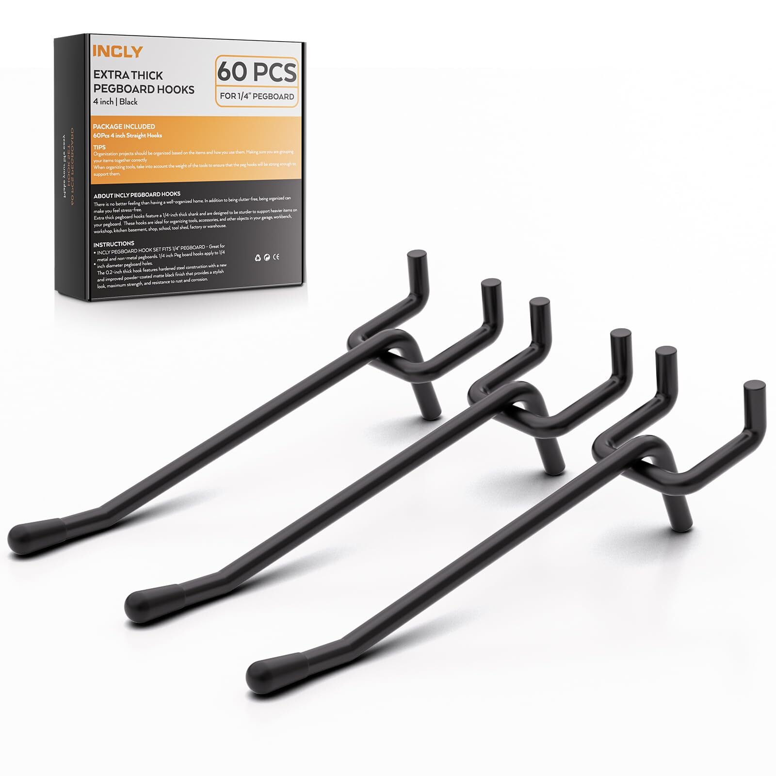 60PCS 4" Black Pegboard Hooks Heavy Duty Tool Hangers for Garage Craft Rooms