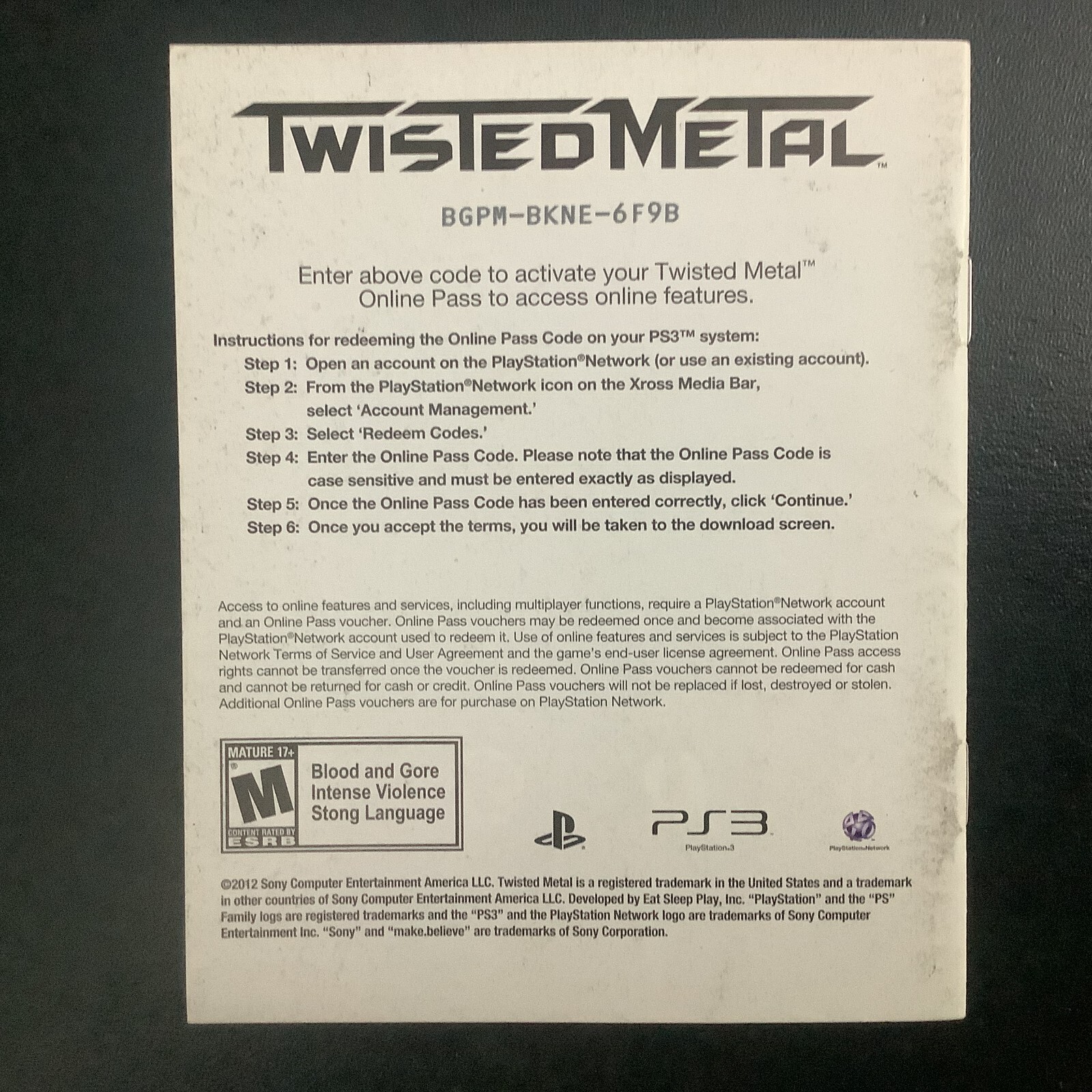 Twisted Metal PS3 PlayStation 3 Instruction Manual Only