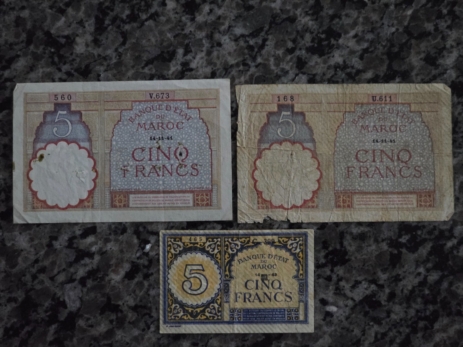 Lot Of 3 WWII French Colonial Morocco Moroccan Francs Banknotes Currency