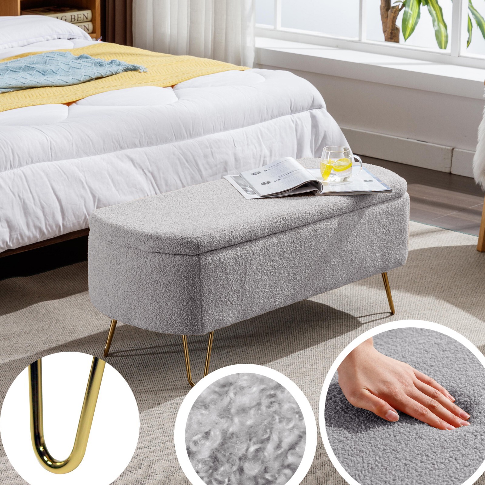Modern Grey Storage Ottoman Bench with Golden Legs, Faux Fur with large Storage