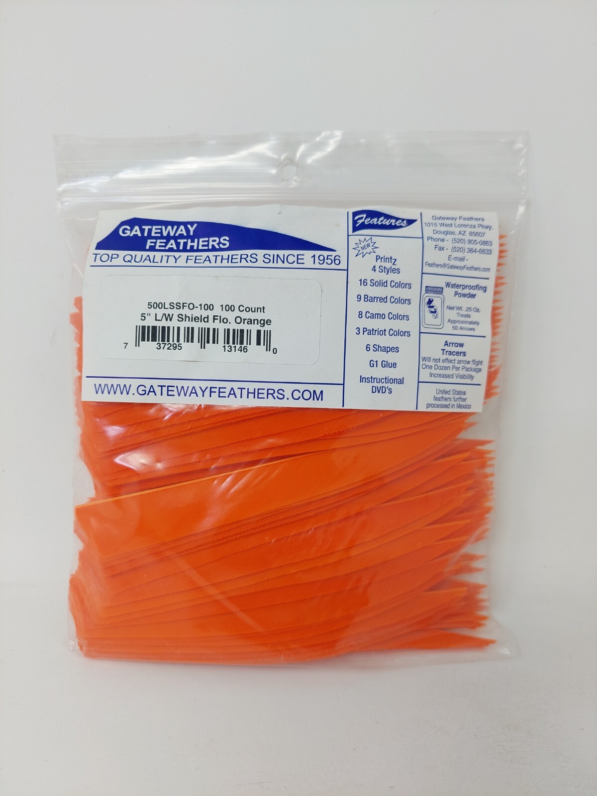 100pk Gateway Feathers 5" Left Wing: Shield Flo. Florescent Orange 500LSSFO-100