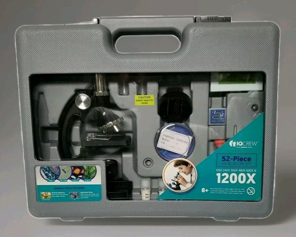 IQ Crew Microscope Kit 20X- 1200X.  52-Piece Kids Beginner STEM Kit, Metal EUC