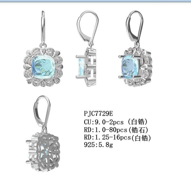 Sterling Silver Semi Mount Earrings Setting Cushion CU 9X9mm with White Topaz
