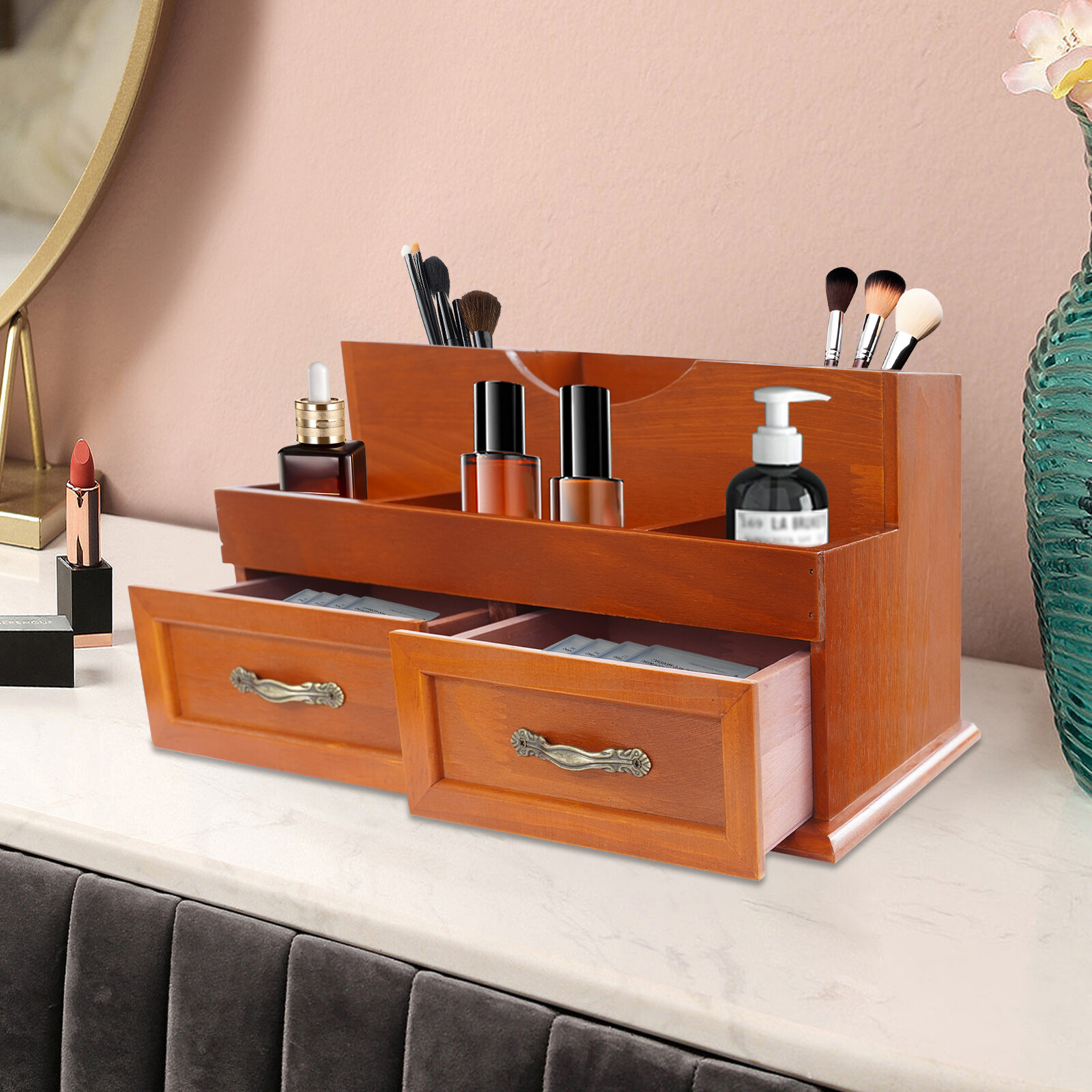 2 Drawers Desktop Storage Organizer Cabinet Retro Wooden Chest of Drawers 12Grid