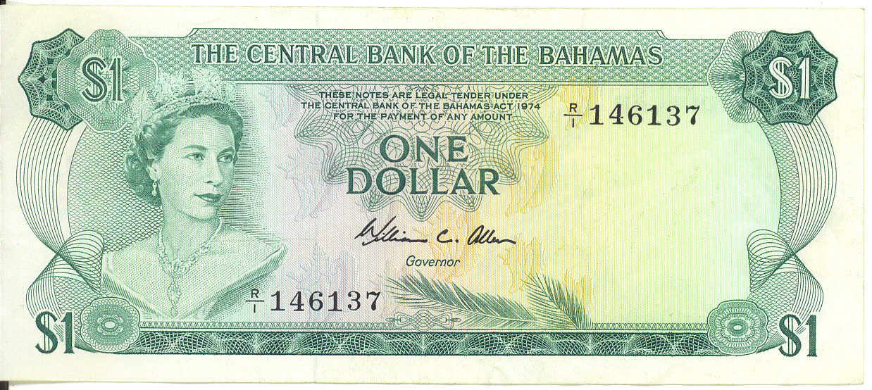 Central Bank of Bahamas 1974 $1 One Dollar P-35b Allen Signature EF SCARCE