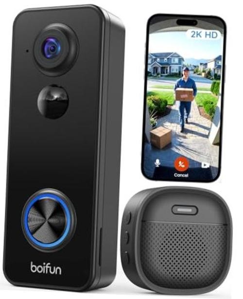 Video Doorbell Camera Wireless, 180° Wide View, 2K HD, No Subscription, Black