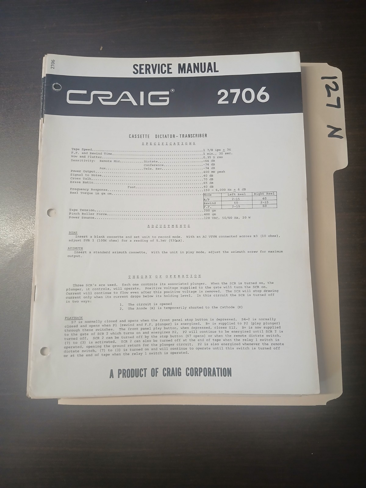 Craig 2706 Service Manual Original Repair Book Tape Dictator Transcriber