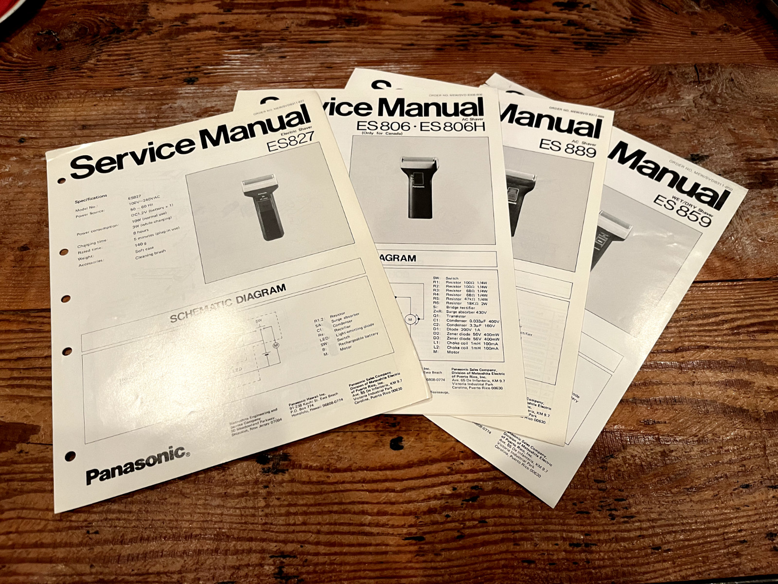 Four PANASONIC Electric Shaver ES827 ES806 ES806H ES889 ES859 Service Manuals