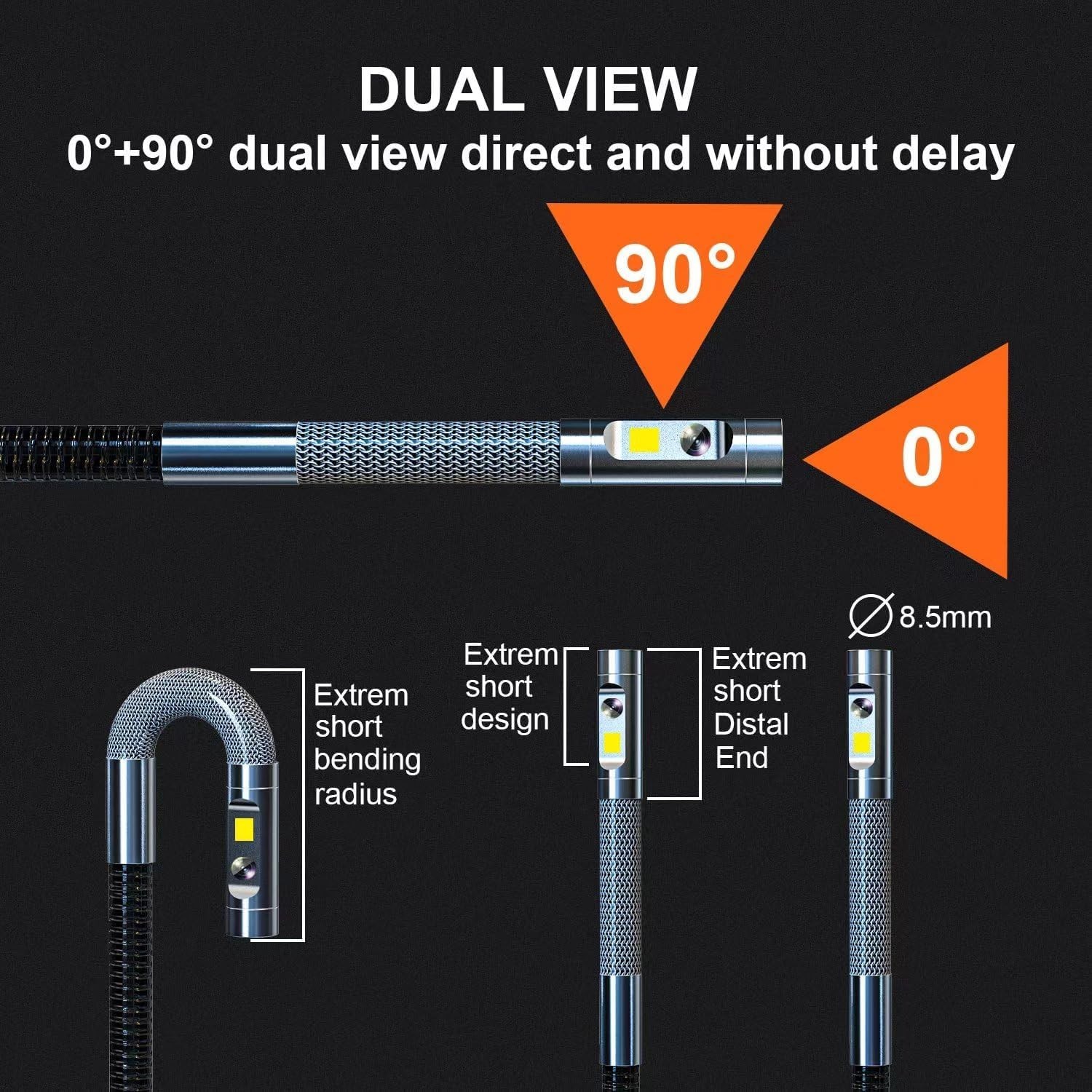 Dual-Lens Articulating Borescope, Engine Endoscope with 0.33in Two-Way Articu...