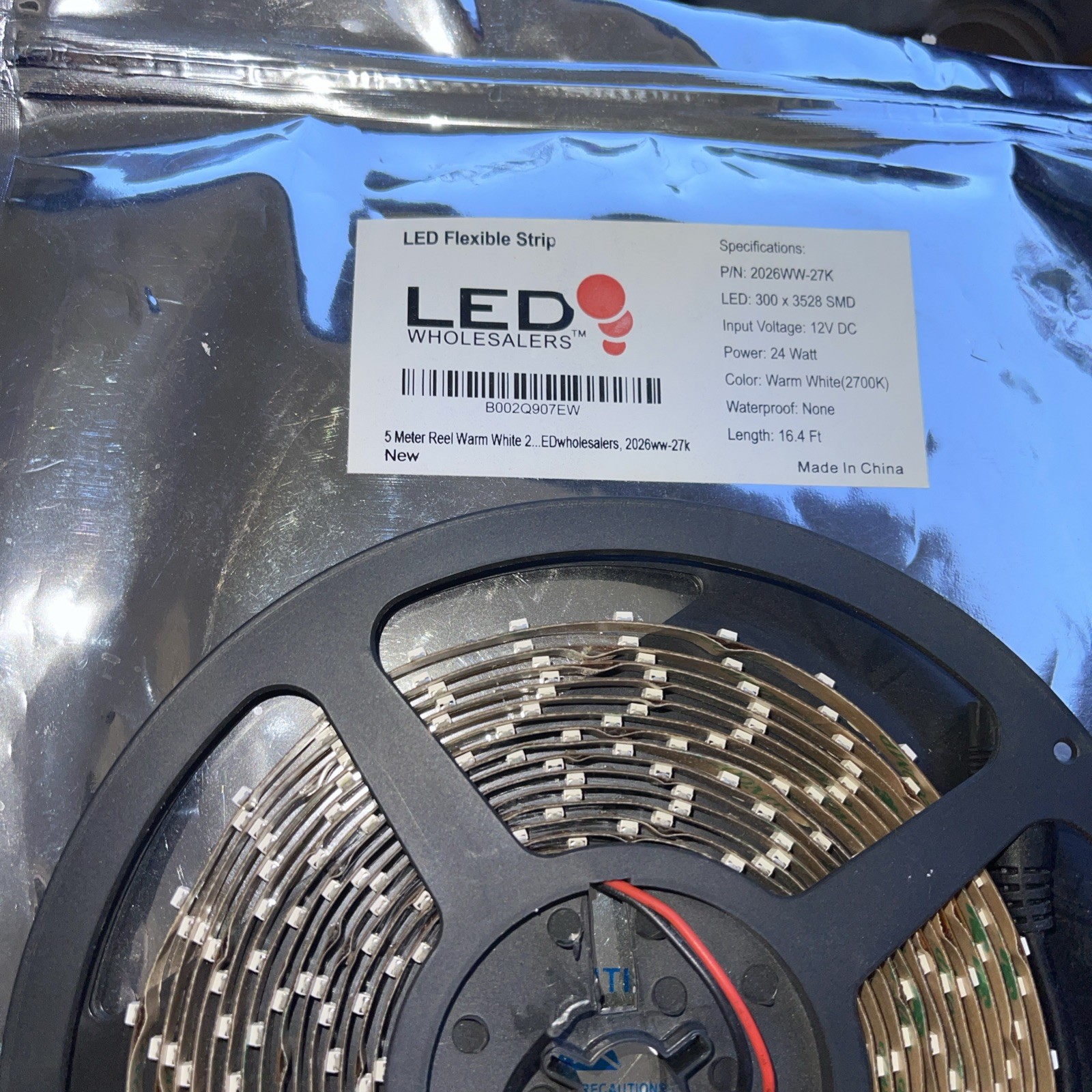 5M Reel WARM WHITE LED Flexible Strip 2025WW-27K, 12V DC/24 Watt 16.4 Ft (New)