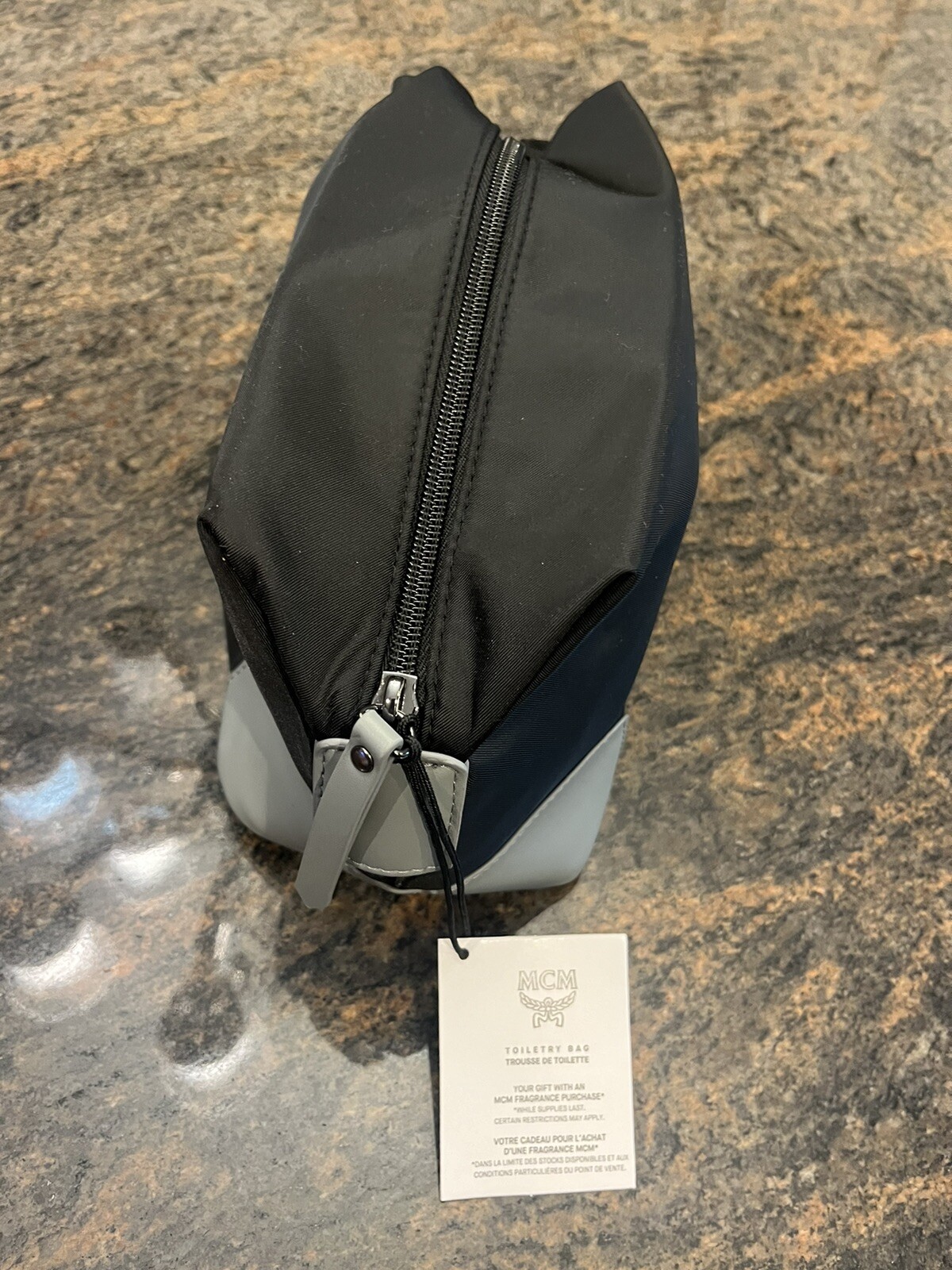 MCM Mens Toiletry Bag Embossed Polyester Clutch Bag Black & Gray 10” x 5” NWT!