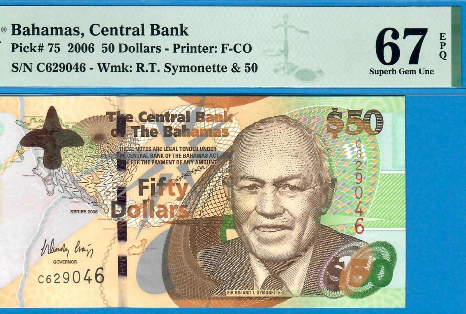 BAHAMAS-50 DOLLARS-2006-PICK 75 **PMG 67 EPQ SUPERB GEM UNC**