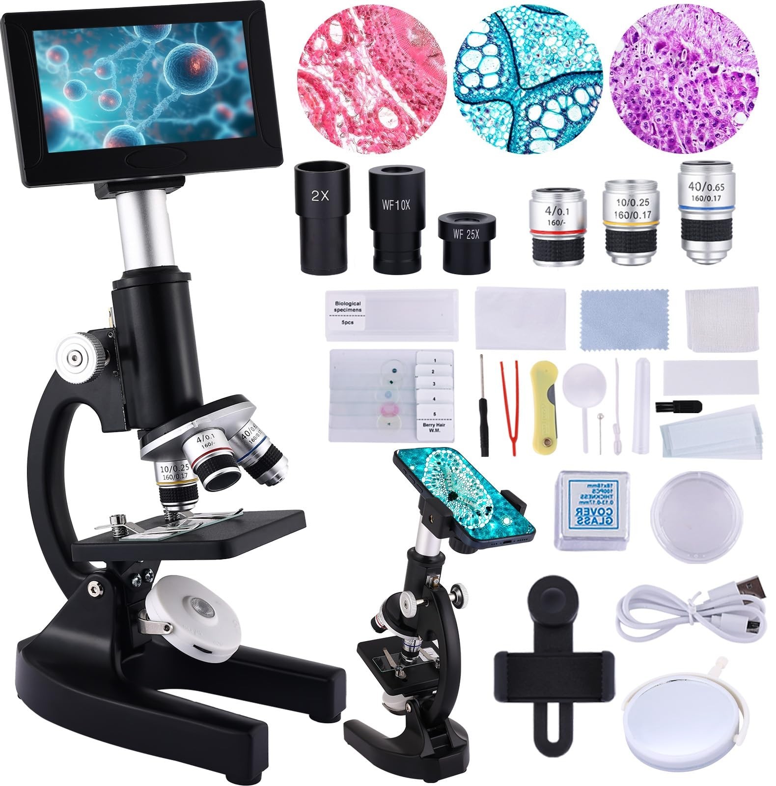 High-Power Microscope 40X-2500X Magnification, 4.3" Display, 5MP Camera, Eyepiec