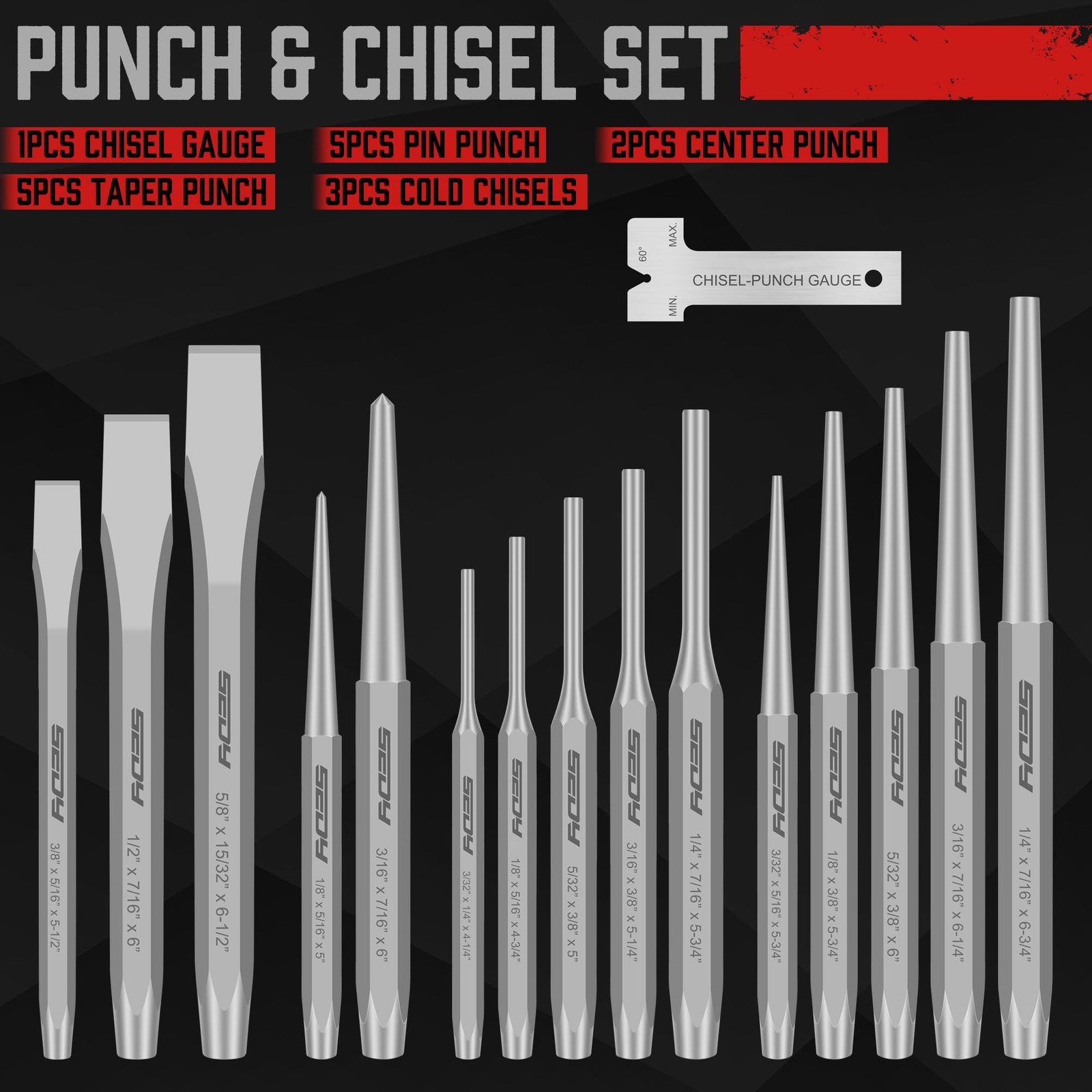 16-Piece Precision Punch & Chisel Set - Taper Punch, Pin Medium, Gray