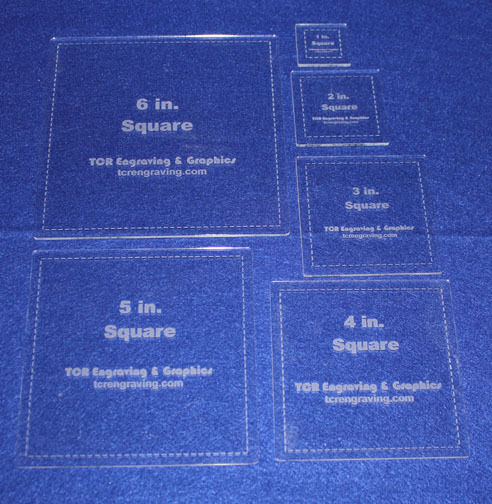 6 Piece Square Set -1 to 6 Inches Acrylic 1/8 Inch Quilt Templates- w/seam