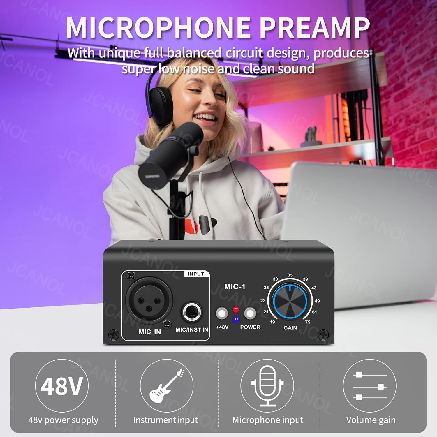 MIC-1 Microphone Preamp Mic Gain Booster with 2 Input Max 75Db Gain 48V Phantom