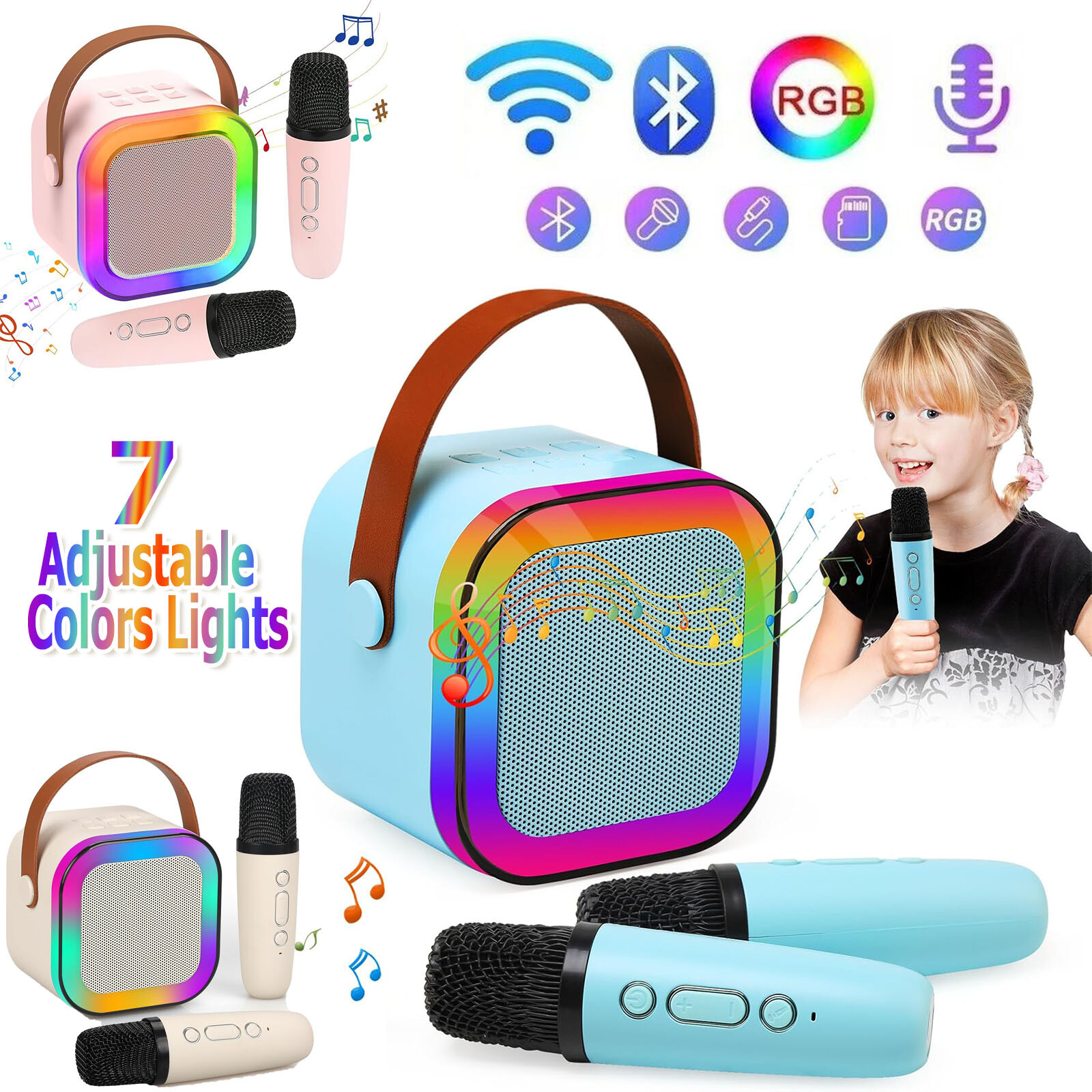 Portable Mini Karaoke Machine Bluetooth Speaker Kids with 2 Wireless Microphone