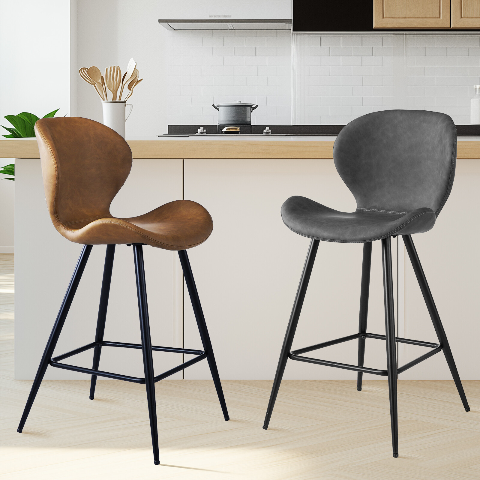Mid-Century Shell Back Faux Leather Barstool with Metal Legs for Dining Room
