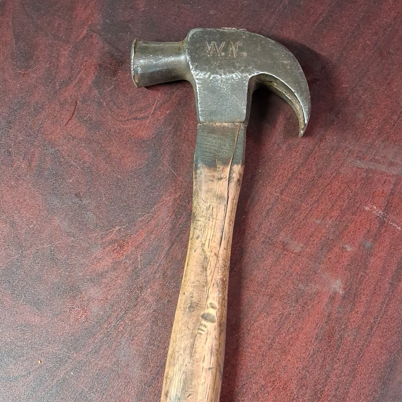 W.N. Vintage Original Claw Hammer with Wooden Handle Collectible Carpentry Tool