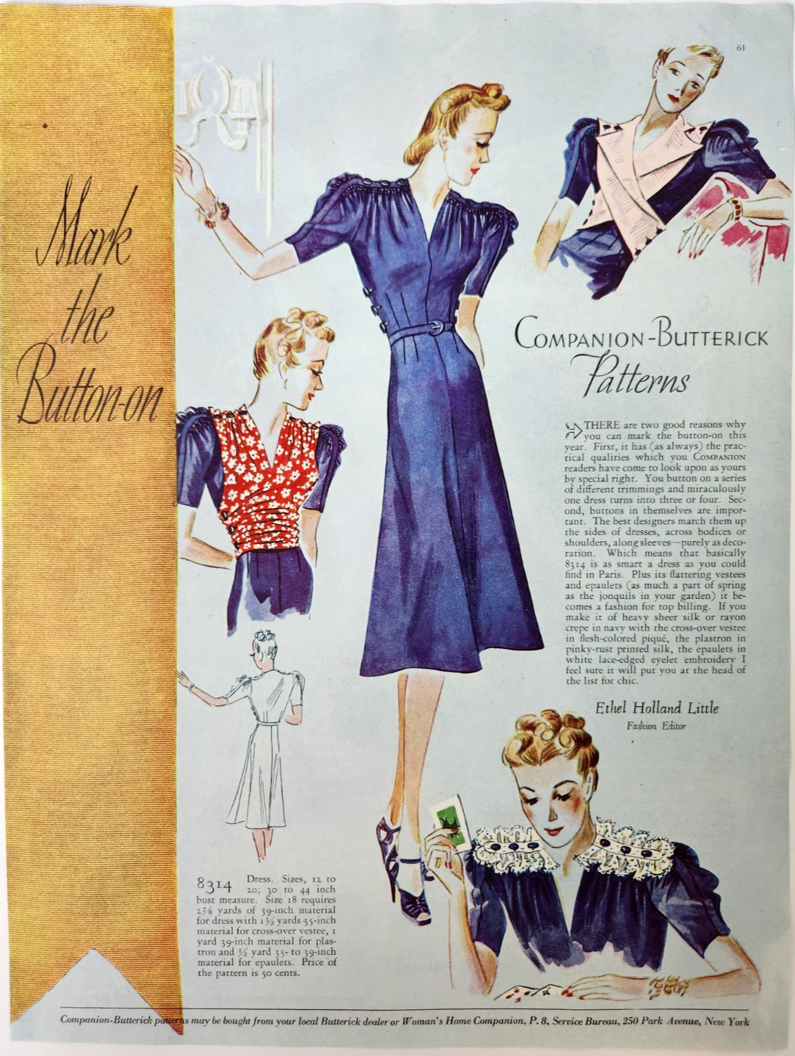 Butterick Fashion Women Dress Ethel Holland Little Vtg 1939 Magazine Print Ad