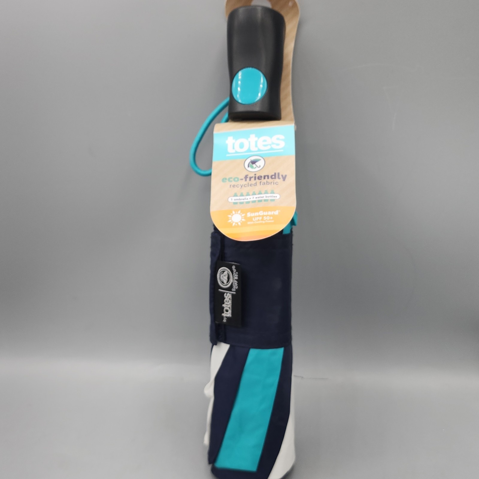 Totes Umbrella 42 inch  Auto Open Blue White Teal with Sun Guard