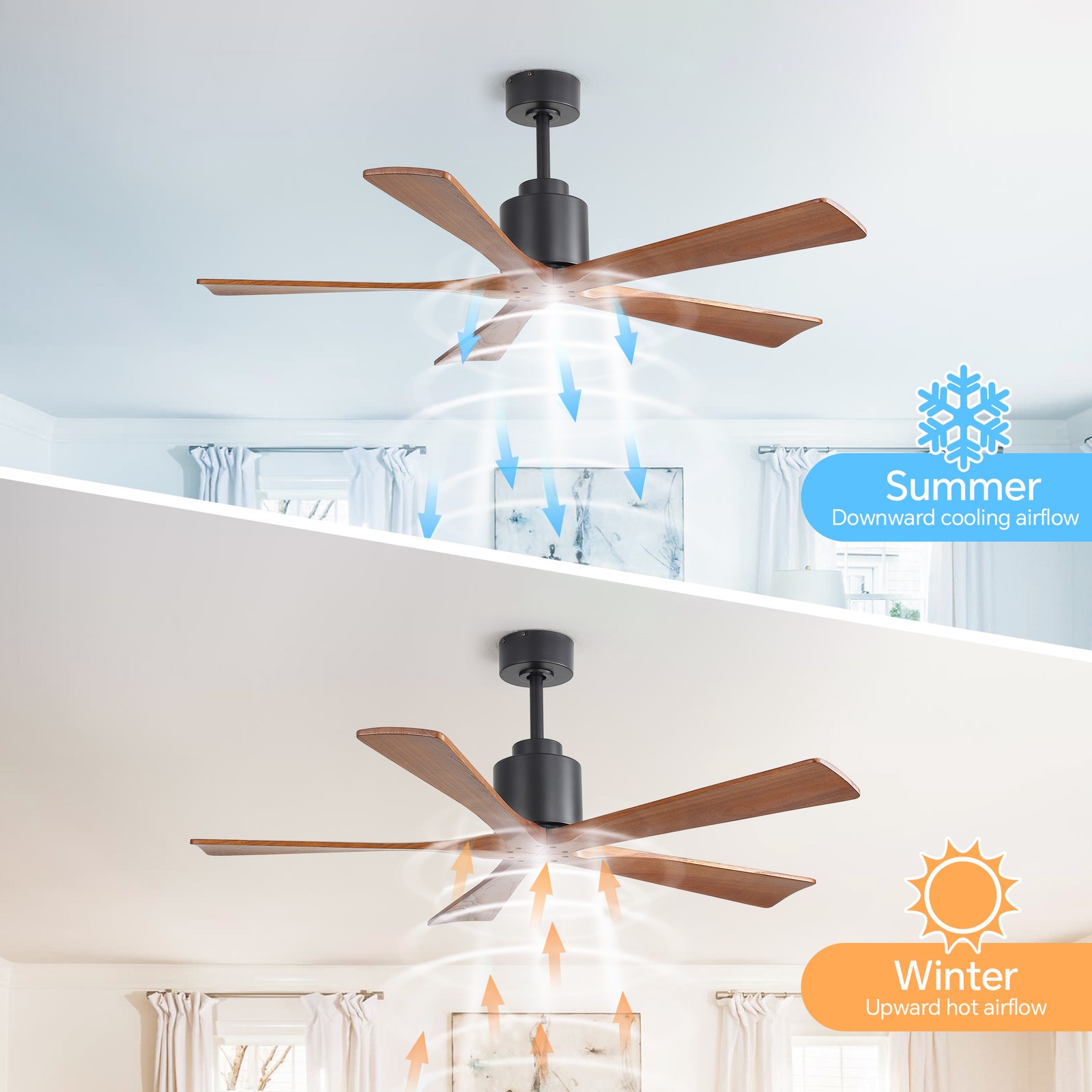 52"Matte Black Ceiling Fan without Light - Walnut Wood Blades, Remote Control