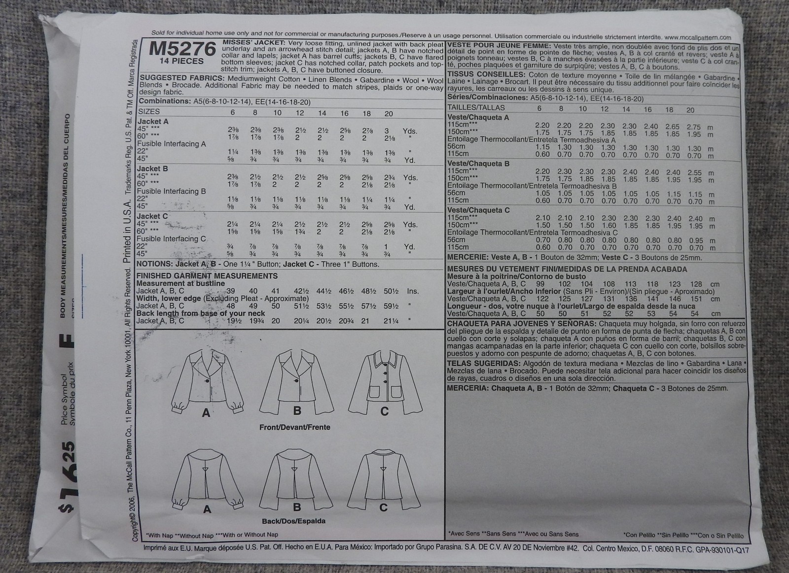 McCalls 5276 Misses Jacket unlined collar pockets size 14-20 Plus Uncut