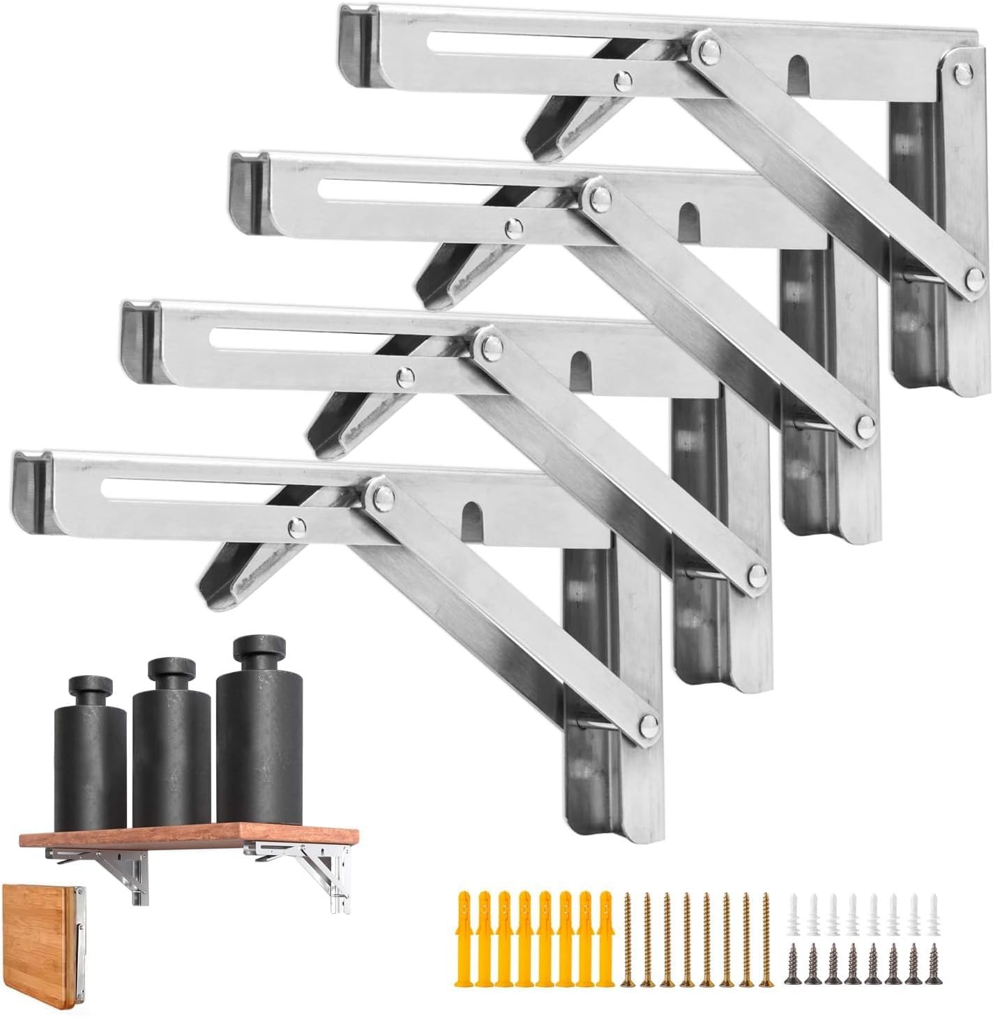 4 PCS 14 Inch Folding Shelf L Brackets Heavy Duty Stainless Steel Silver
