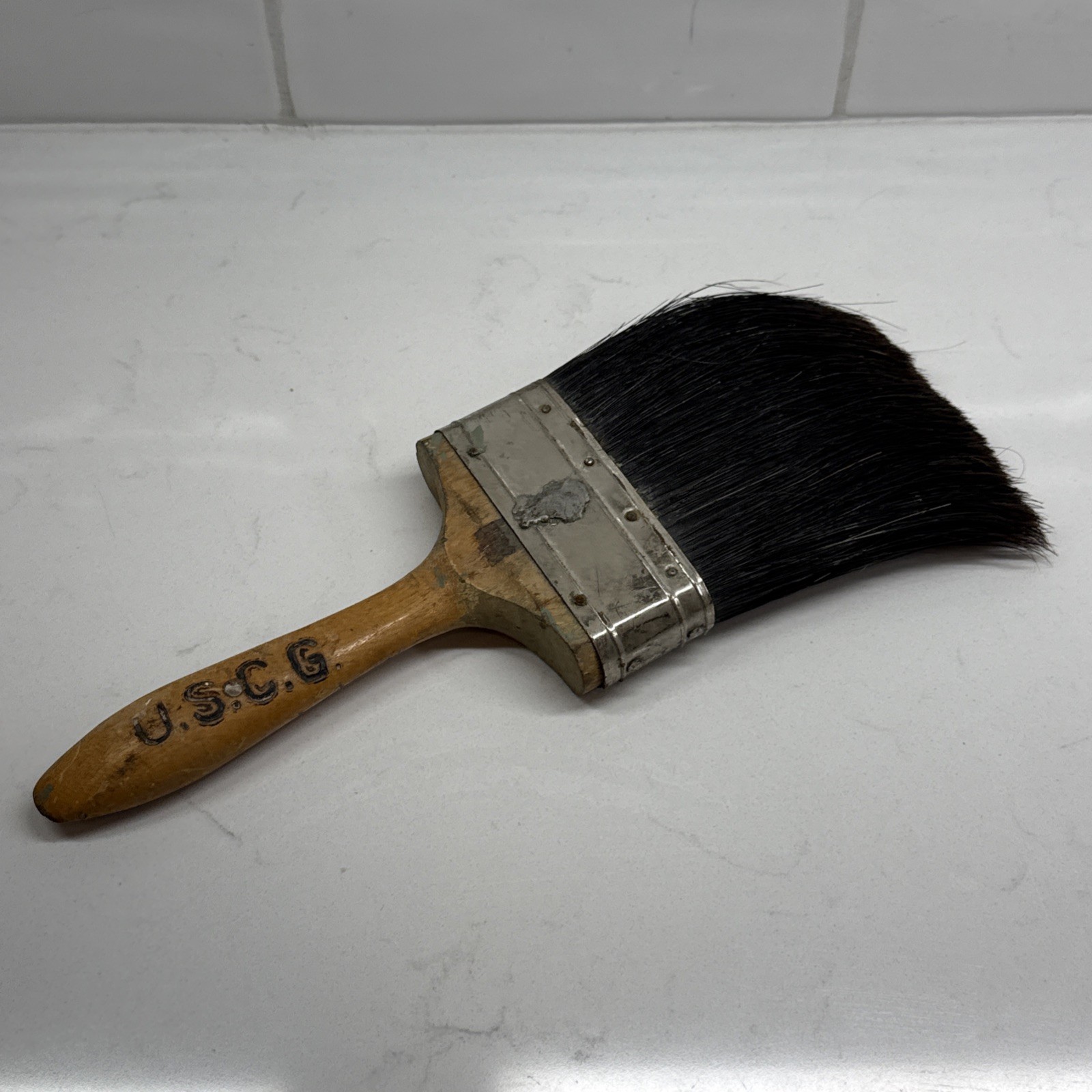 Vintage U.S.C.G. Military Wooden Handle 4" Paint Brush; 12" long USCG
