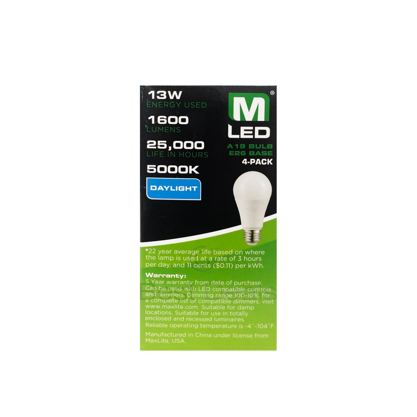 Maxlite Dimmable LED 13W Daylight Light Bulb A19 100W replacement 5000k- 16 PACK