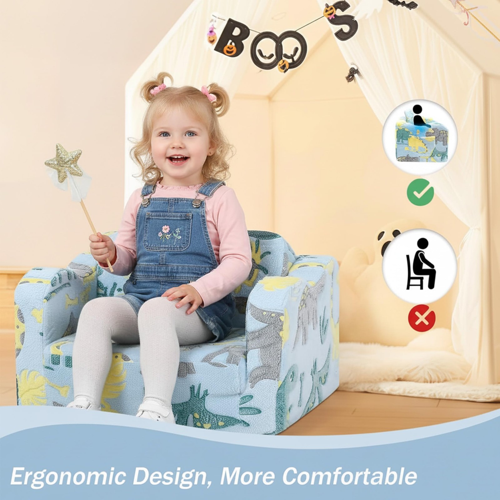Toddler Chair – Convertible Glowing Dinosaur Flip-Out Kids Sofa | 1–3 Years |...