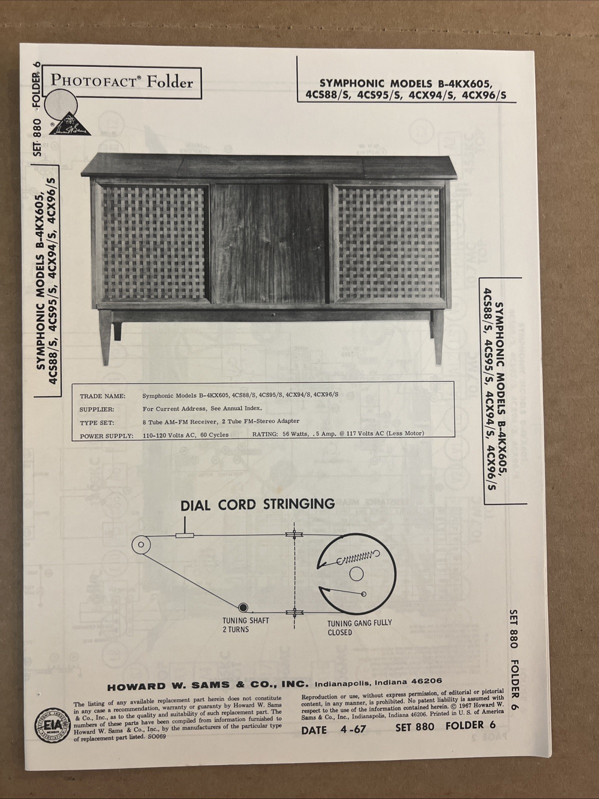 Vintage Sams Photofact Schematic 4-1967 SYMPHONIC MODELS B-4KX605, 4CS88/S,