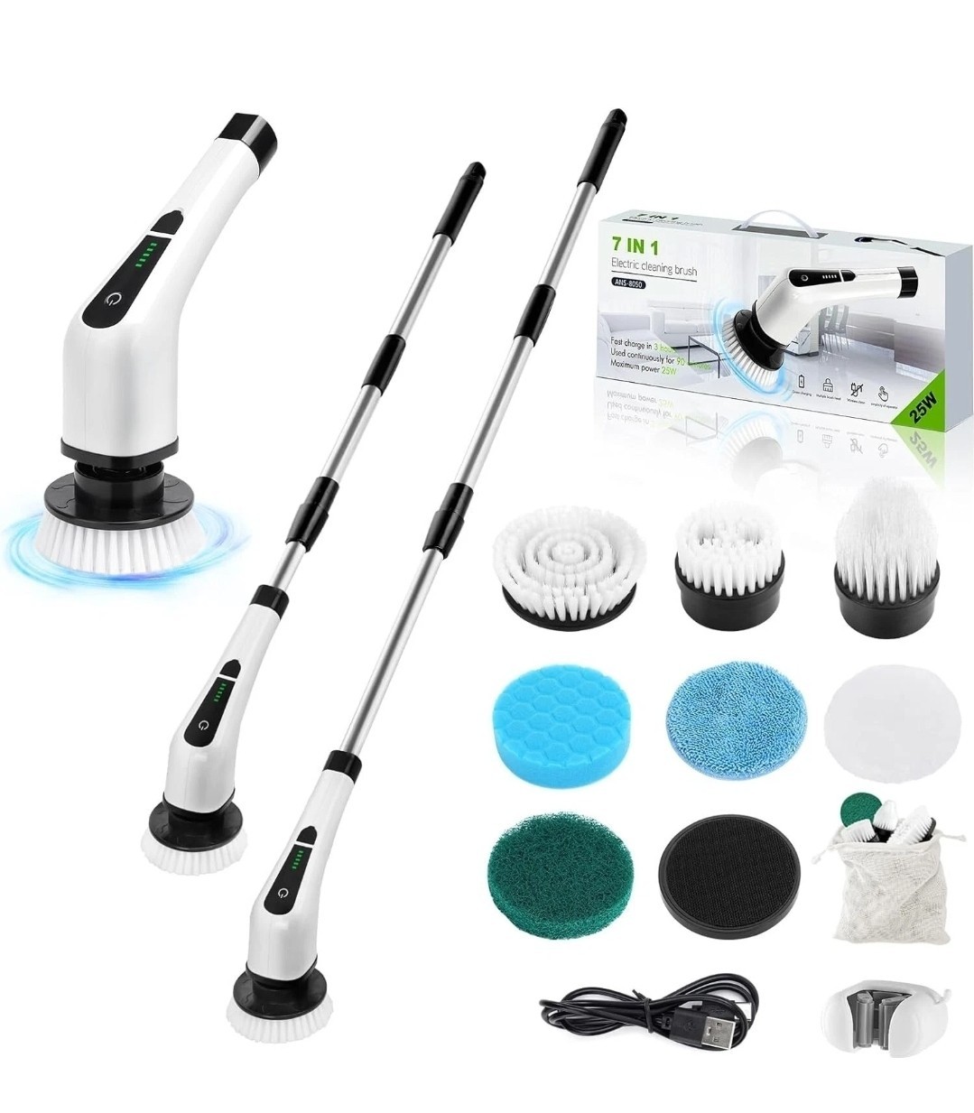 7in1 Electric Spin Scrubber Cordless Bathroom Tub Scrubber w/ Long Handle  8Head