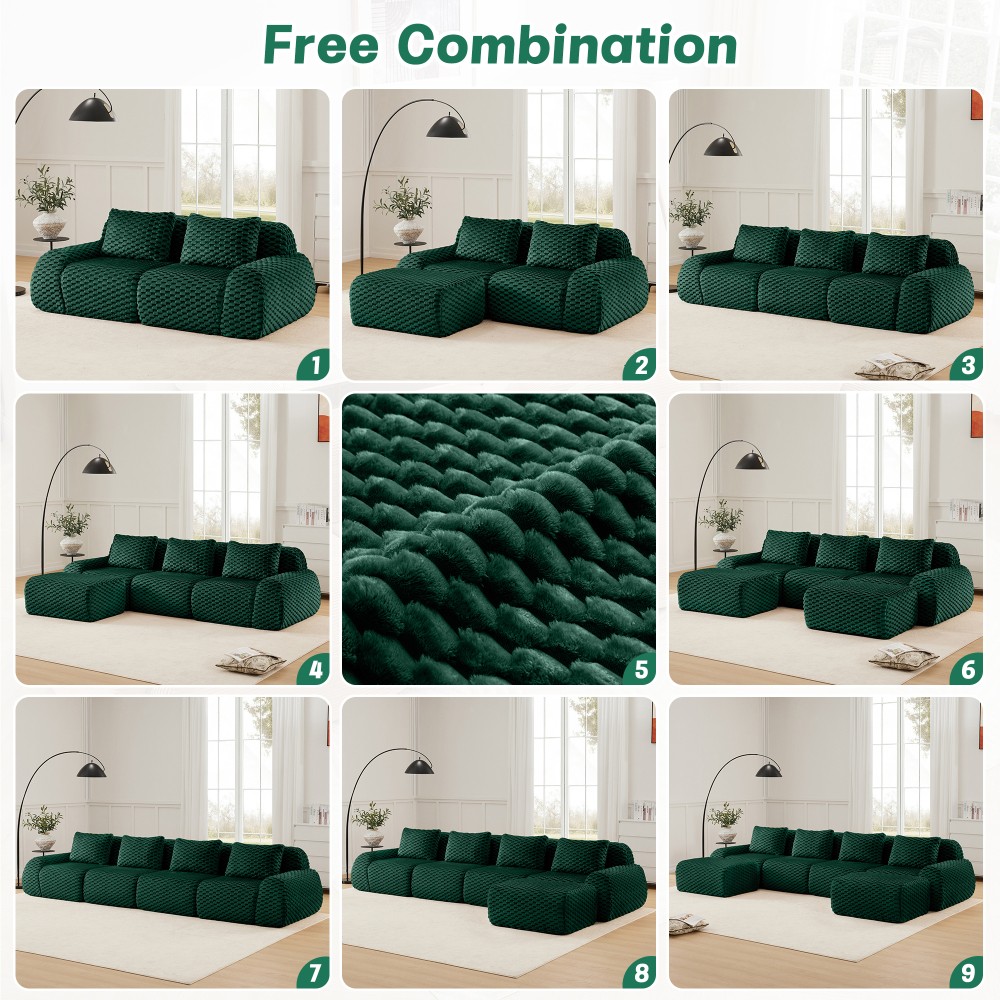 82" Modern L-Shaped Modular Sectional Sofa w/ Ottoman, Flannelette, Green
