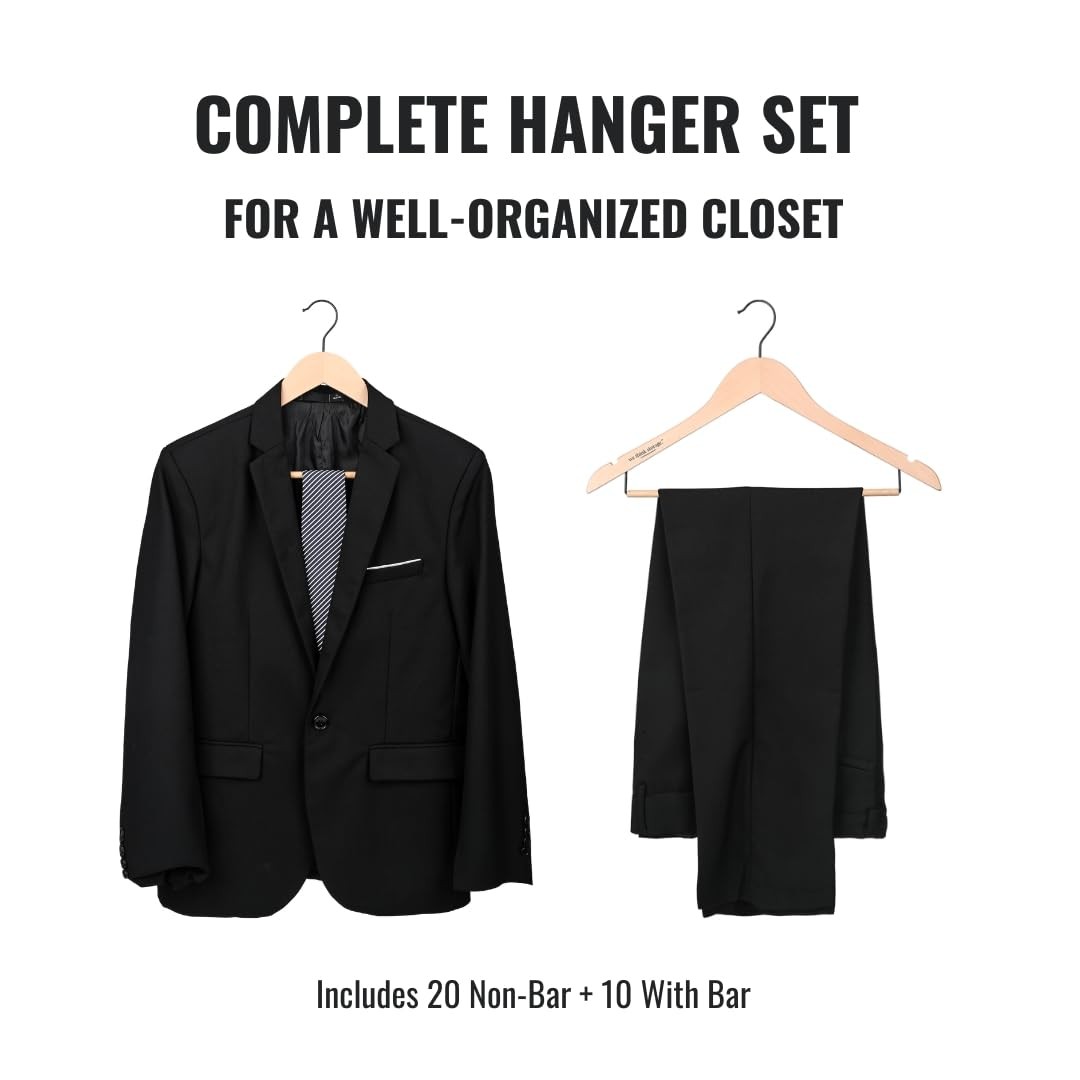 Set of Wooden Hangers 20 Pack & Pant Hanger 10 Pack, Smooth Wood Hangers with...