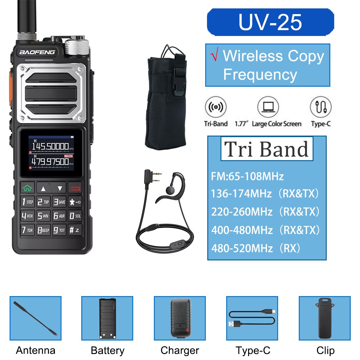 BAOFENG UV-25 WALKIE TALKIES LONG RANGE TRI-POWER TWO WAY HAM RADIO 999CH & BAG