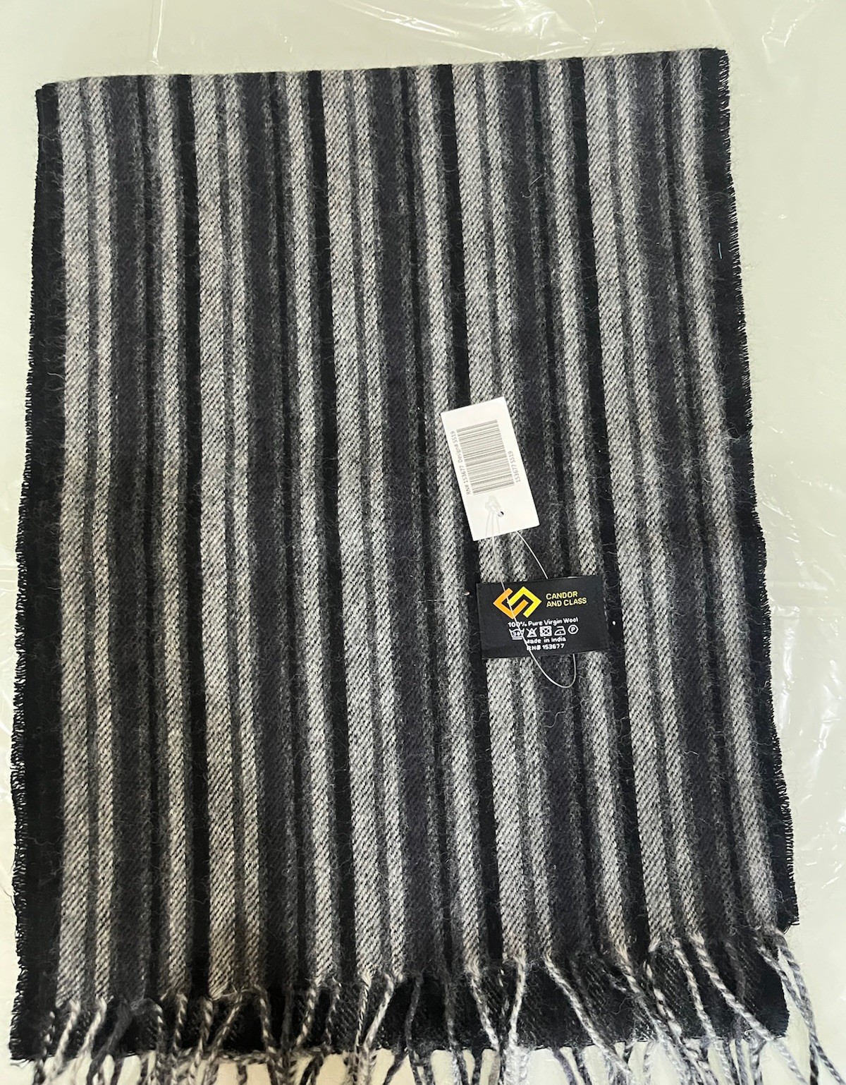 NWT Candor & Class Mens Black Grey Vertical Stripe Scarf 100% Pure Virgin Wool