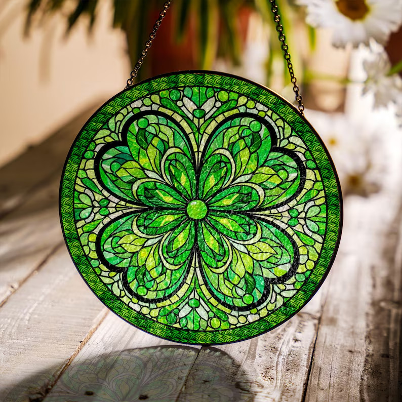 Irish Shamrock Glass Suncatcher St Patricks Day Clover Window Decor